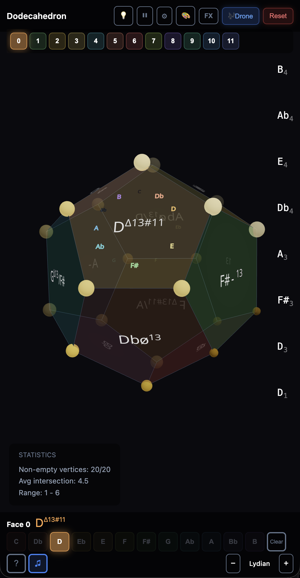 Dodecahedron — a 3D twelve-faced form with chord labels and glowing vertices
